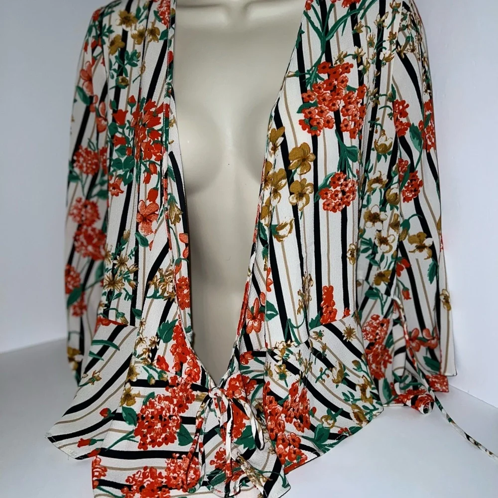 Zara Floral Striped Flowy Ruffled Tied Blouse - Picture 1 of 6